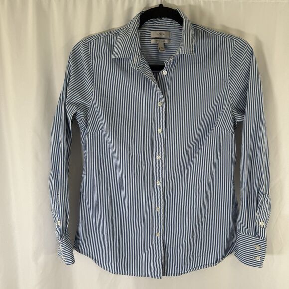 J. Crew Blouse Women's Small Petite White Blue Striped Button Up Long Sleeve - Picture 1 of 10